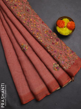 Tissue linen saree red with embroidery buttas and embroidery pallu
