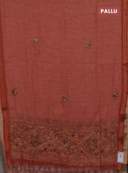 Tissue linen saree red with embroidery buttas and embroidery pallu