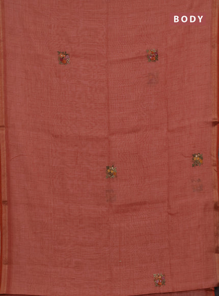Tissue linen saree peach shade with embroidery buttas and embroidery pallu
