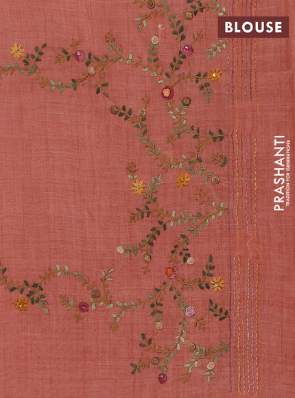 Tissue linen saree peach shade with embroidery buttas and embroidery pallu