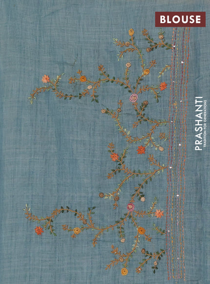 Tissue linen saree teal blue with embroidery buttas and embroidery pallu