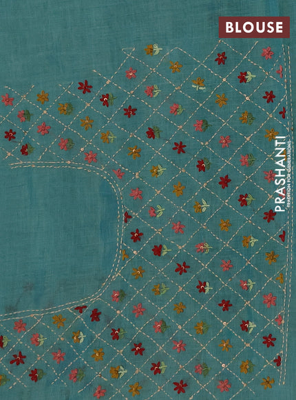 Tissue linen saree teal blue and maroon with embroidery buttas and embroidery pallu