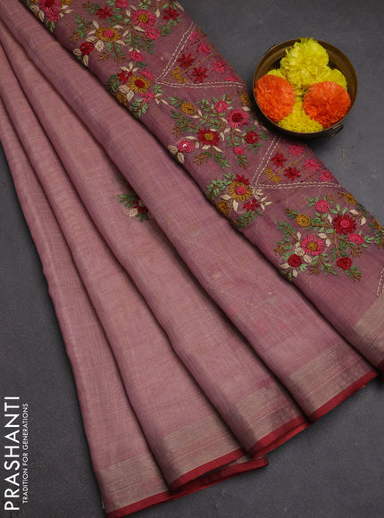 Tissue linen saree light pink and maroon with embroidery buttas and embroidery pallu
