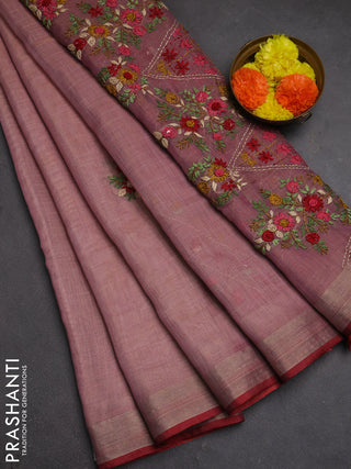 Tissue linen saree light pink and maroon with embroidery buttas and embroidery pallu