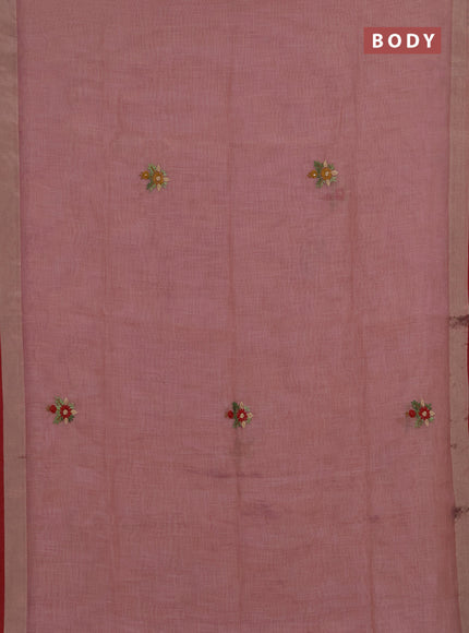 Tissue linen saree light pink and maroon with embroidery buttas and embroidery pallu