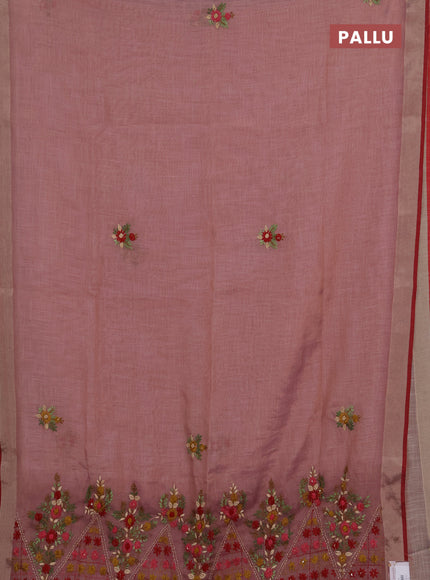 Tissue linen saree light pink and maroon with embroidery buttas and embroidery pallu