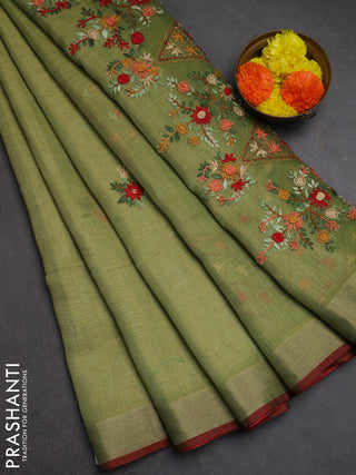 Tissue linen saree light green and maroon with embroidery buttas and embroidery pallu