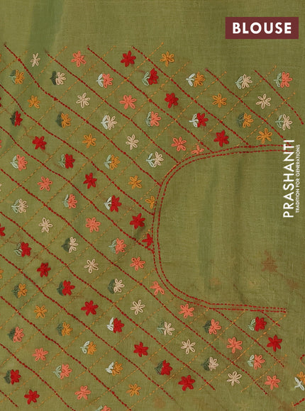 Tissue linen saree light green and maroon with embroidery buttas and embroidery pallu