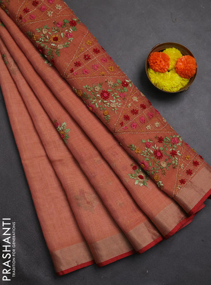 Tissue linen saree red and maroon with embroidery buttas and embroidery pallu