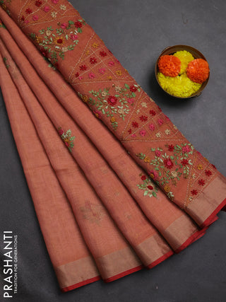 Tissue linen saree red and maroon with embroidery buttas and embroidery pallu