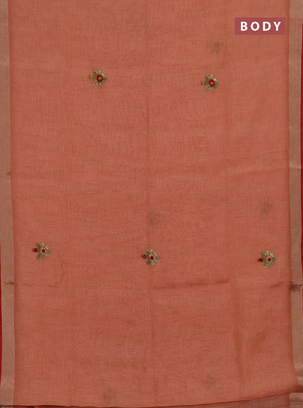 Tissue linen saree red and maroon with embroidery buttas and embroidery pallu