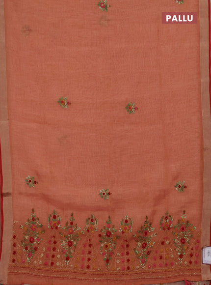 Tissue linen saree red and maroon with embroidery buttas and embroidery pallu
