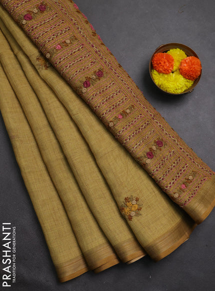 Tissue linen saree mehendi green with embroidery buttas and embroidery kantha stitch work pallu