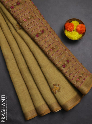 Tissue linen saree mehendi green with embroidery buttas and embroidery kantha stitch work pallu