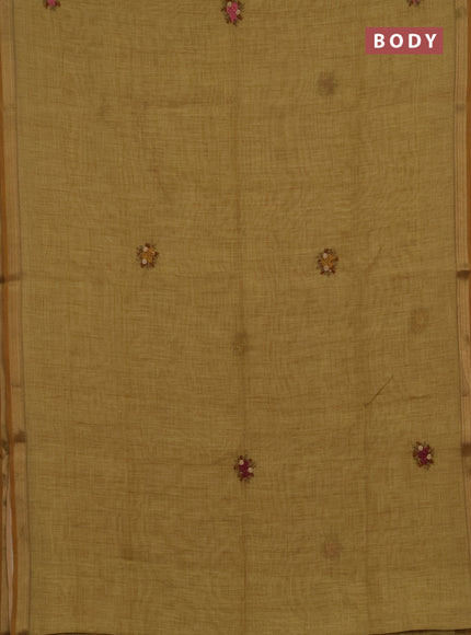 Tissue linen saree mehendi green with embroidery buttas and embroidery kantha stitch work pallu