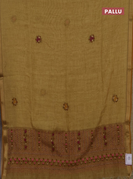 Tissue linen saree mehendi green with embroidery buttas and embroidery kantha stitch work pallu