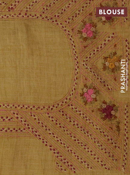 Tissue linen saree mehendi green with embroidery buttas and embroidery kantha stitch work pallu