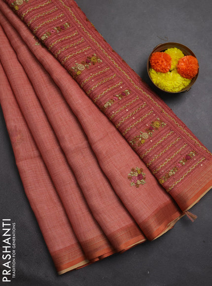 Tissue linen saree rust orange shade with embroidery buttas and embroidery kantha stitch work pallu