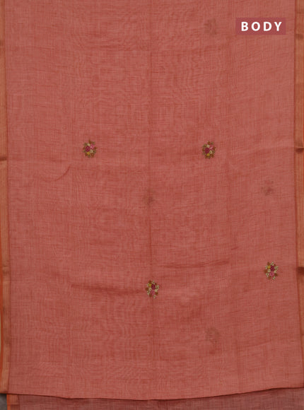 Tissue linen saree rust orange shade with embroidery buttas and embroidery kantha stitch work pallu