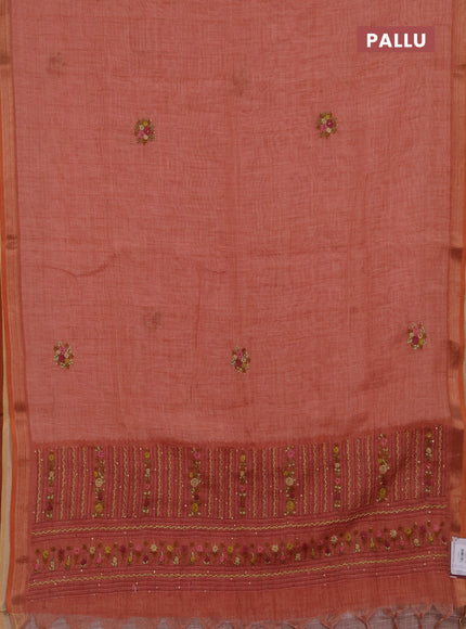 Tissue linen saree rust orange shade with embroidery buttas and embroidery kantha stitch work pallu