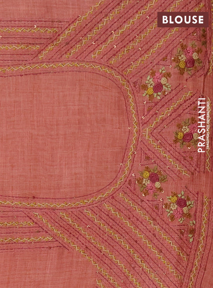 Tissue linen saree rust orange shade with embroidery buttas and embroidery kantha stitch work pallu