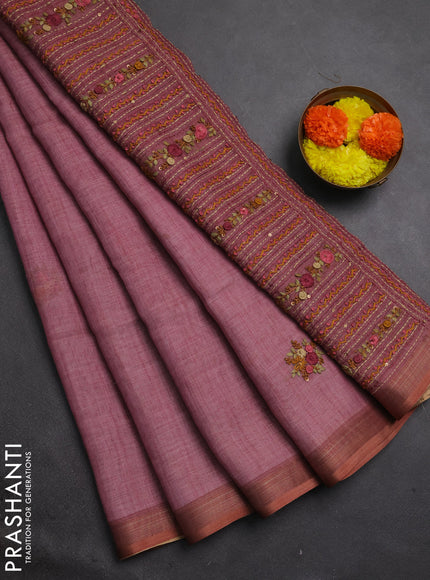 Tissue linen saree mauve pink with embroidery buttas and embroidery kantha stitch work pallu