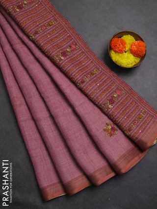 Tissue linen saree mauve pink with embroidery buttas and embroidery kantha stitch work pallu