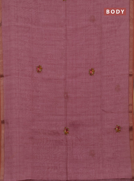 Tissue linen saree mauve pink with embroidery buttas and embroidery kantha stitch work pallu