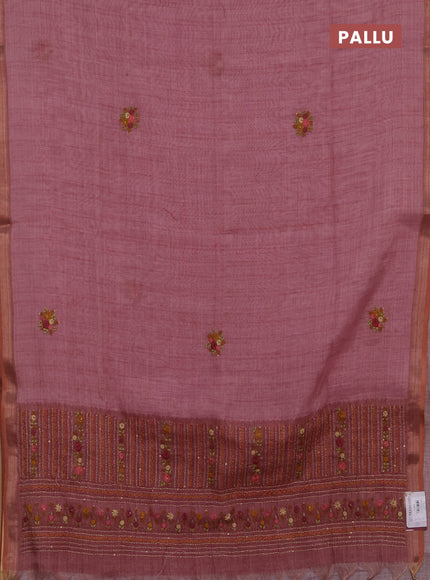 Tissue linen saree mauve pink with embroidery buttas and embroidery kantha stitch work pallu