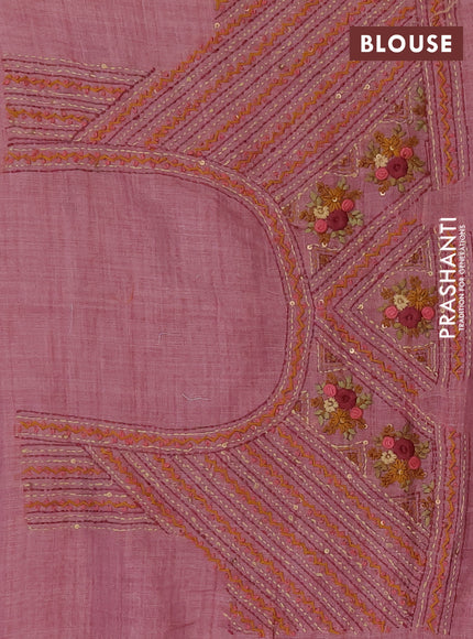 Tissue linen saree mauve pink with embroidery buttas and embroidery kantha stitch work pallu