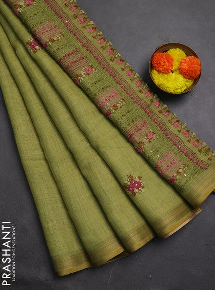 Tissue linen saree green with embroidery buttas and embroidery kantha stitch work pallu