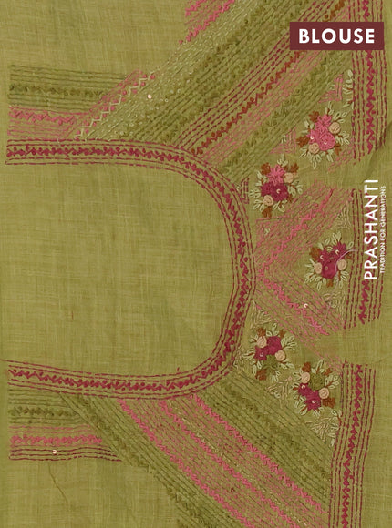 Tissue linen saree green with embroidery buttas and embroidery kantha stitch work pallu