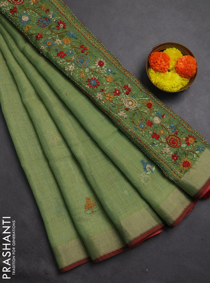 Tissue linen saree green and maroon with embroidery buttas and embroidery kantha stitch work pallu