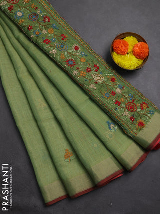 Tissue linen saree green and maroon with embroidery buttas and embroidery kantha stitch work pallu