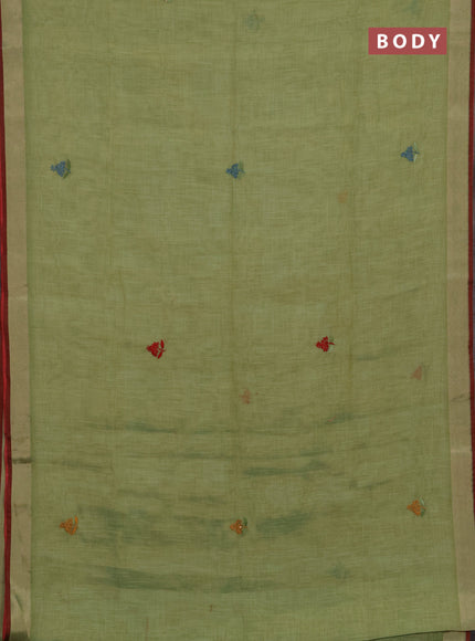 Tissue linen saree green and maroon with embroidery buttas and embroidery kantha stitch work pallu