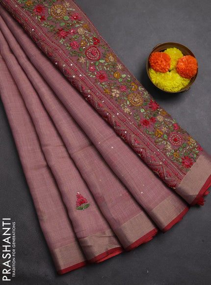 Tissue linen saree mauve pink and maroon with embroidery buttas and embroidery kantha stitch work pallu