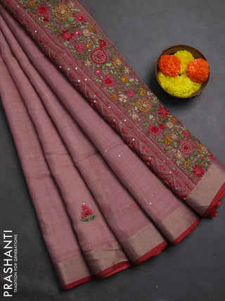 Tissue linen saree mauve pink and maroon with embroidery buttas and embroidery kantha stitch work pallu