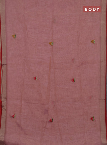 Tissue linen saree mauve pink and maroon with embroidery buttas and embroidery kantha stitch work pallu