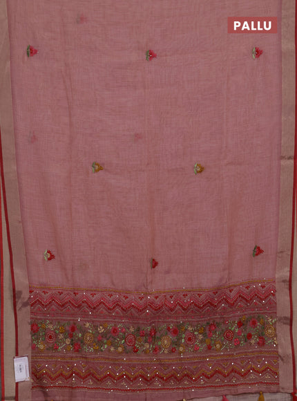 Tissue linen saree mauve pink and maroon with embroidery buttas and embroidery kantha stitch work pallu