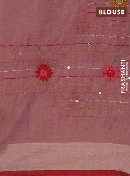 Tissue linen saree mauve pink and maroon with embroidery buttas and embroidery kantha stitch work pallu
