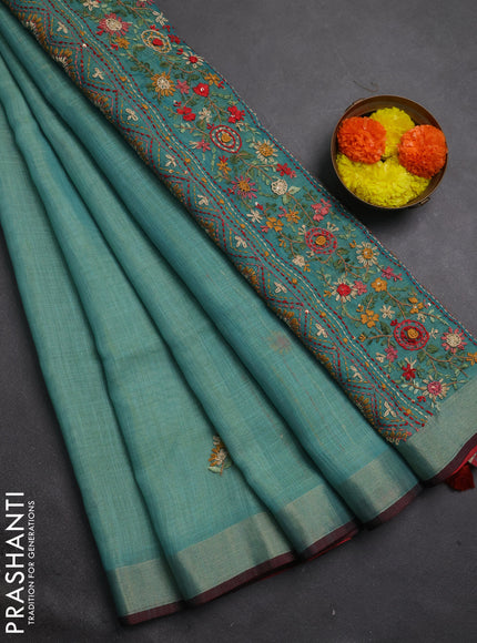 Tissue linen saree teal blue and maroon with embroidery buttas and embroidery kantha stitch work pallu