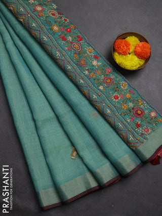 Tissue linen saree teal blue and maroon with embroidery buttas and embroidery kantha stitch work pallu