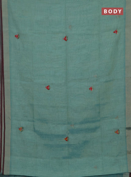 Tissue linen saree teal blue and maroon with embroidery buttas and embroidery kantha stitch work pallu