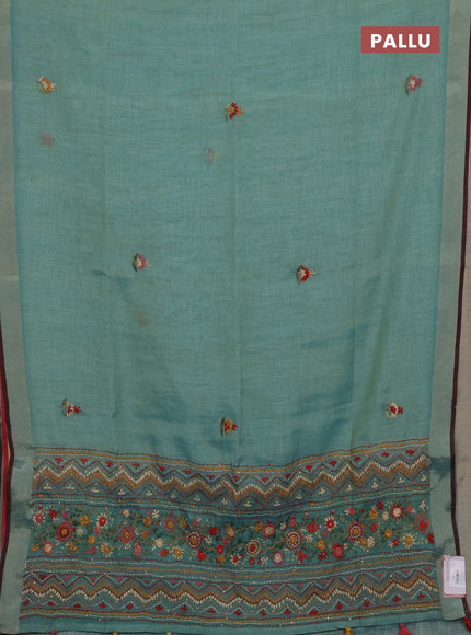 Tissue linen saree teal blue and maroon with embroidery buttas and embroidery kantha stitch work pallu