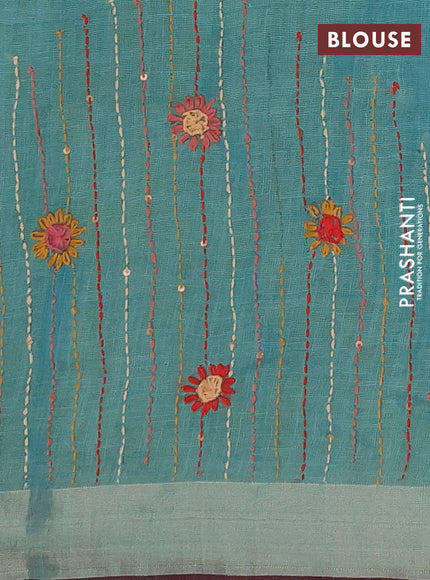 Tissue linen saree teal blue and maroon with embroidery buttas and embroidery kantha stitch work pallu