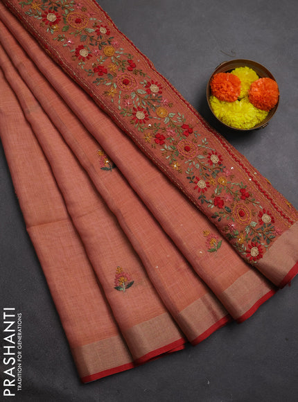 Tissue linen saree peach shade and maroon with embroidery buttas and embroidery kantha stitch work pallu
