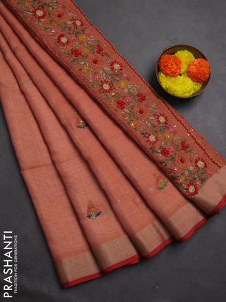 Tissue linen saree peach shade and maroon with embroidery buttas and embroidery kantha stitch work pallu