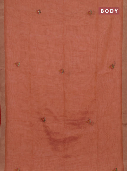 Tissue linen saree peach shade and maroon with embroidery buttas and embroidery kantha stitch work pallu