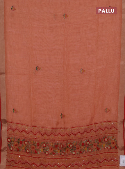 Tissue linen saree peach shade and maroon with embroidery buttas and embroidery kantha stitch work pallu