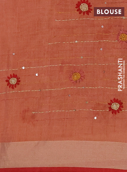 Tissue linen saree peach shade and maroon with embroidery buttas and embroidery kantha stitch work pallu